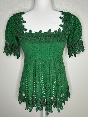 Moda International Womens Green Eyelet Crochet Babydoll Top Puff Sleeve Size S